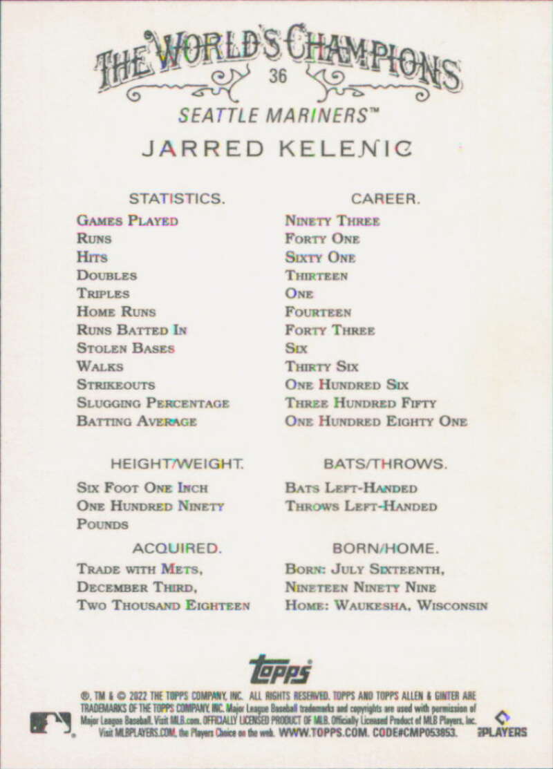 2022 Topps Allen and Ginter Baseaball #36 Jarred Kelenic  Seattle  V97124 Image 2