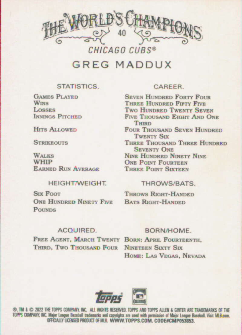 2022 Topps Allen and Ginter Baseaball #40 Greg Maddux  Chicago Cubs  V97125 Image 2