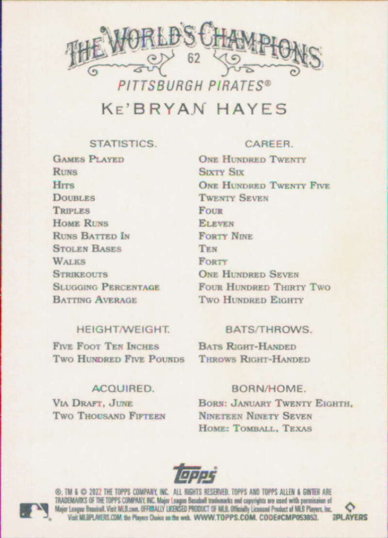 2022 Topps Allen and Ginter Baseaball #62 Ke'Bryan Hayes  Pittsburgh  V97126 Image 2