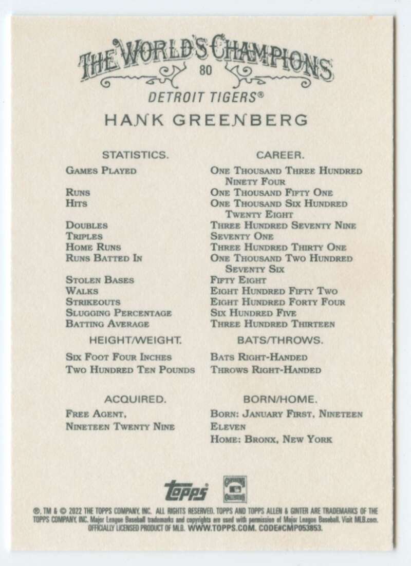 2022 Topps Allen and Ginter Baseaball #80 Hank Greenberg  Detroit Tigers  V97130 Image 2