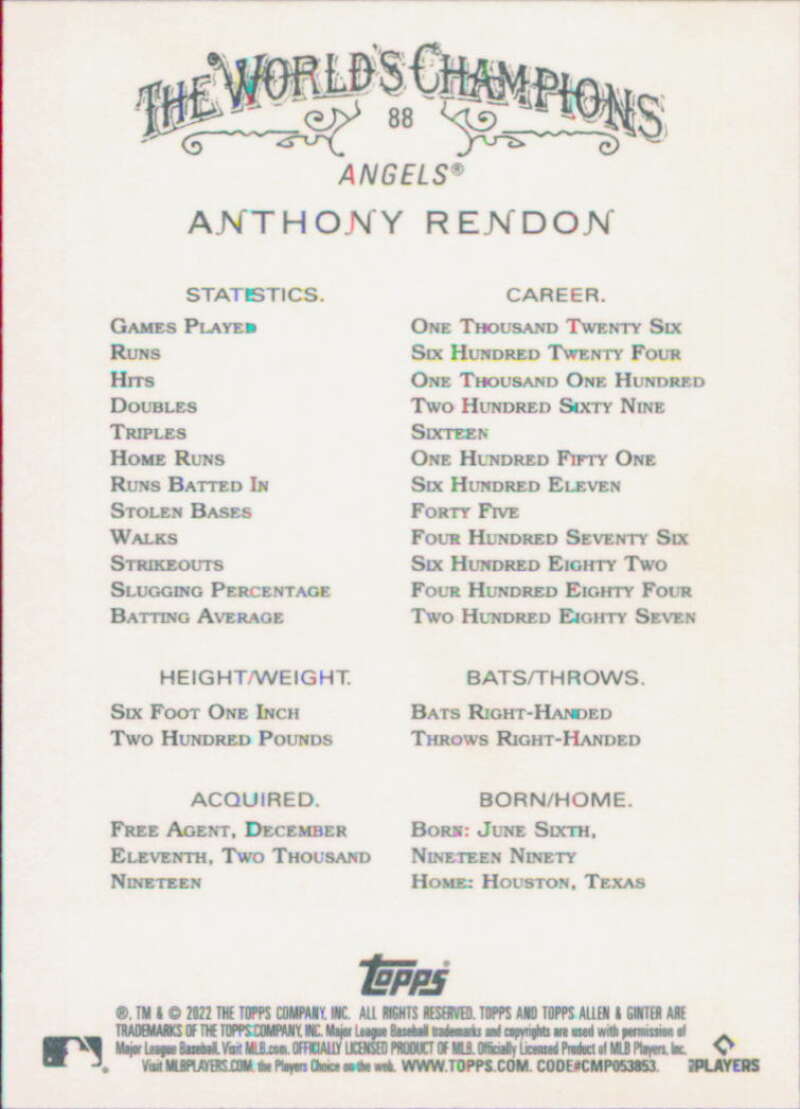 2022 Topps Allen and Ginter Baseaball #88 Anthony Rendon  Los Angeles  V97132 Image 2
