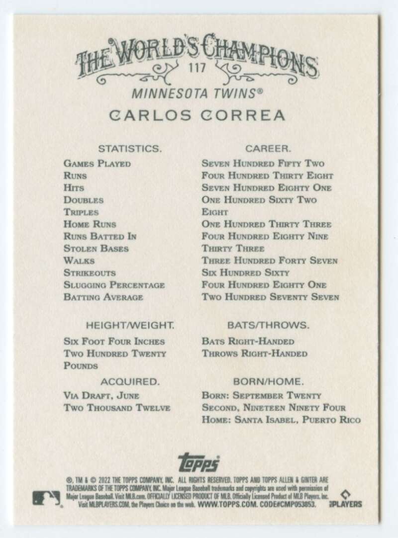 2022 Topps Allen and Ginter Baseaball #117 Carlos Correa  Minnesota  V97135 Image 2