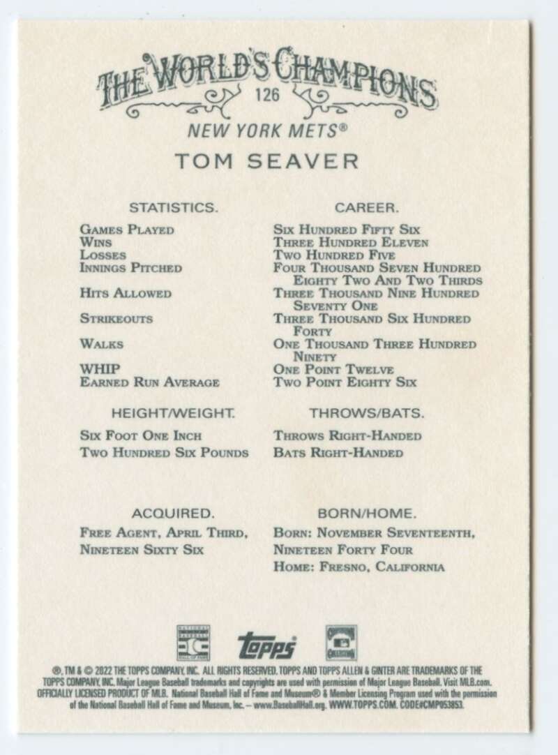2022 Topps Allen and Ginter Baseaball #126 Tom Seaver  New York Mets  V97138 Image 2