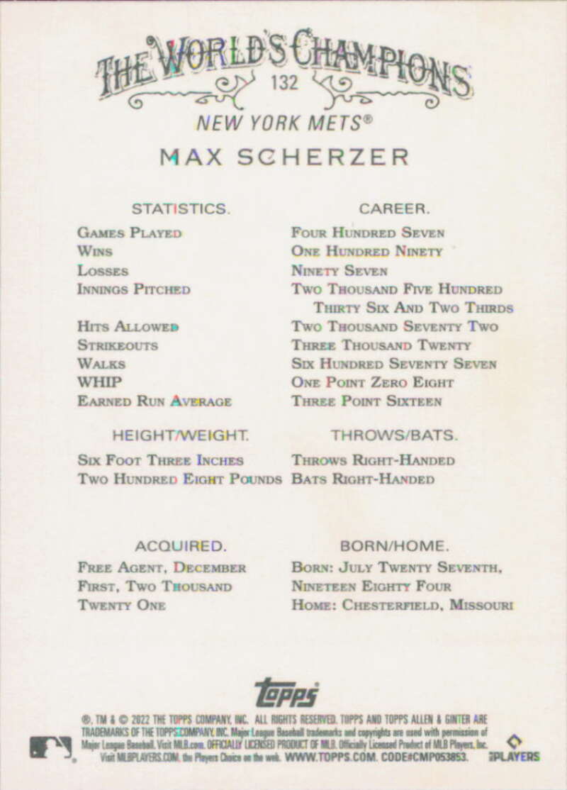 2022 Topps Allen and Ginter Baseaball #132 Max Scherzer  New York Mets  V97141 Image 2