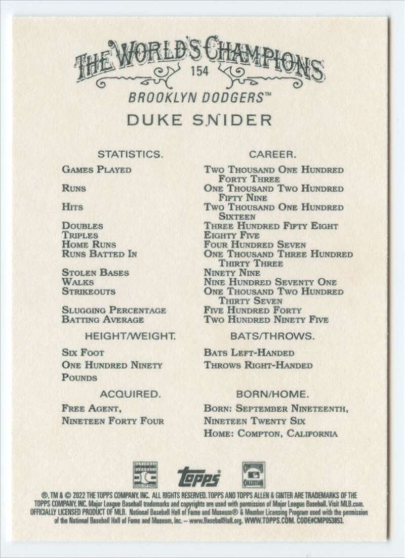2022 Topps Allen and Ginter Baseaball #154 Duke Snider  Brooklyn  V97143 Image 2