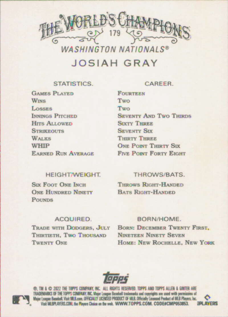 2022 Topps Allen and Ginter Baseaball #179 Josiah Gray  RC Rookie  V97145 Image 2