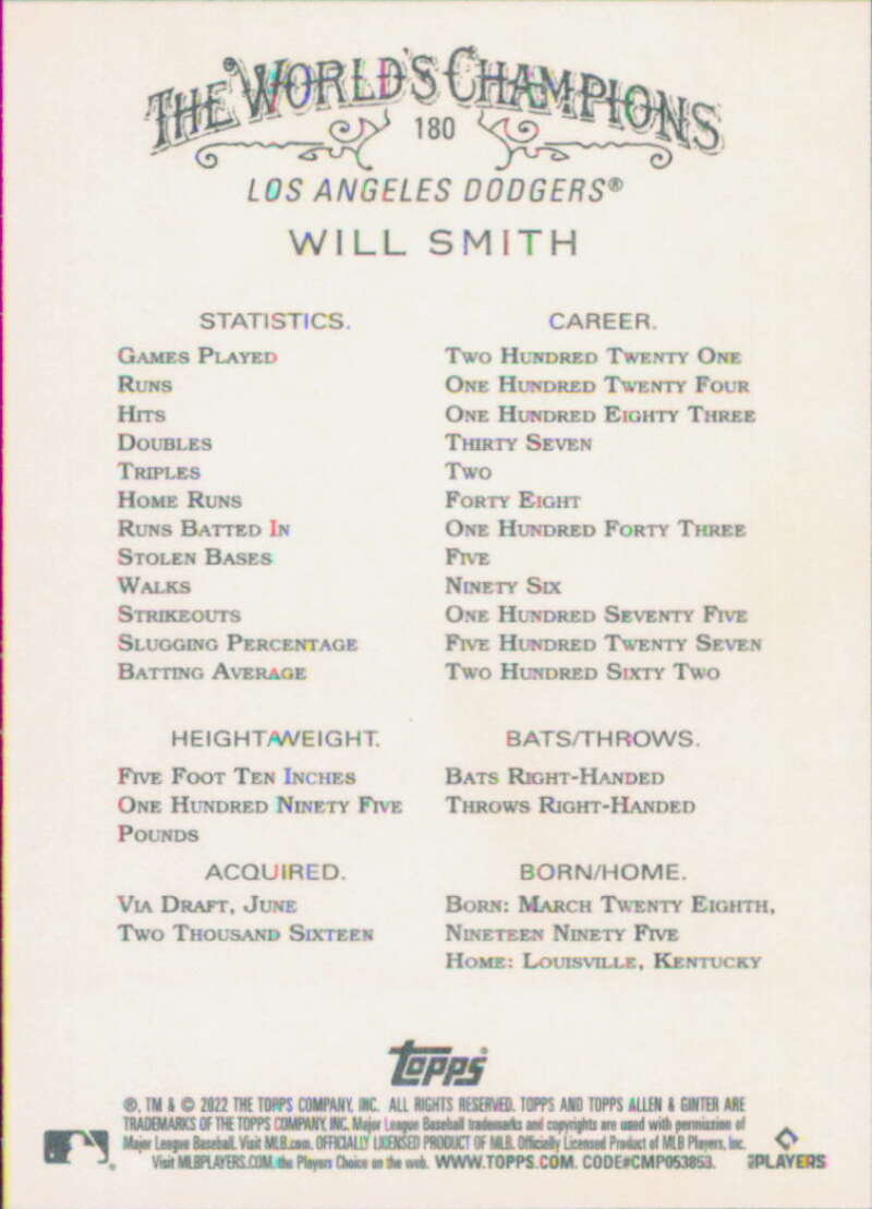 2022 Topps Allen and Ginter Baseaball #180 Will Smith  Los Angeles  V97146 Image 2