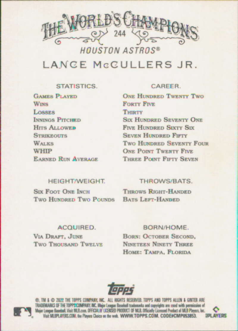 2022 Topps Allen and Ginter Baseaball #244 Lance McCullers Jr.  Houston  V97152 Image 2