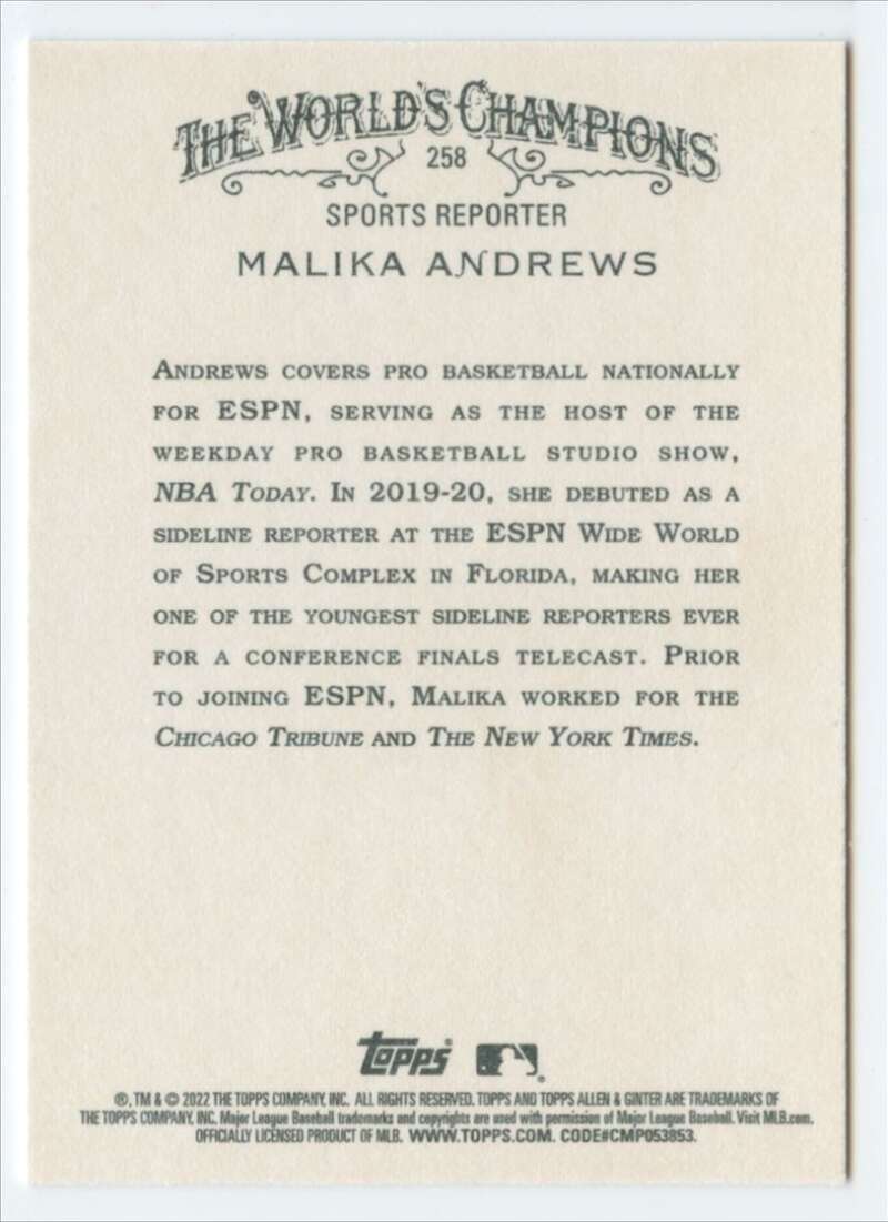2022 Topps Allen and Ginter Baseaball #258 Malika Andrews   V97155 Image 2