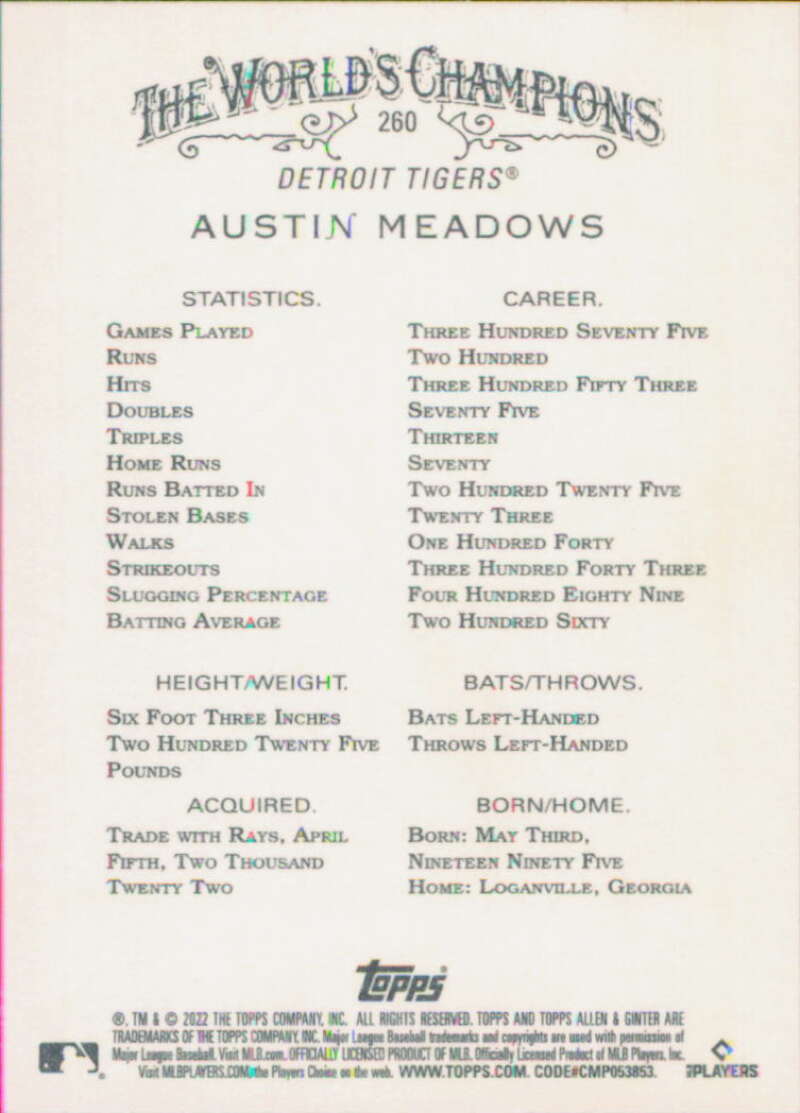 2022 Topps Allen and Ginter Baseaball #260 Austin Meadows  Detroit  V97156 Image 2