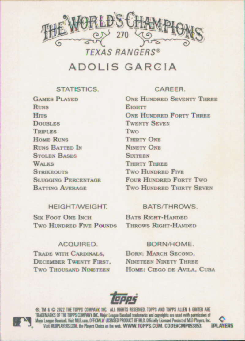 2022 Topps Allen and Ginter Baseaball #270 Adolis Garcia  Texas  V97158 Image 2
