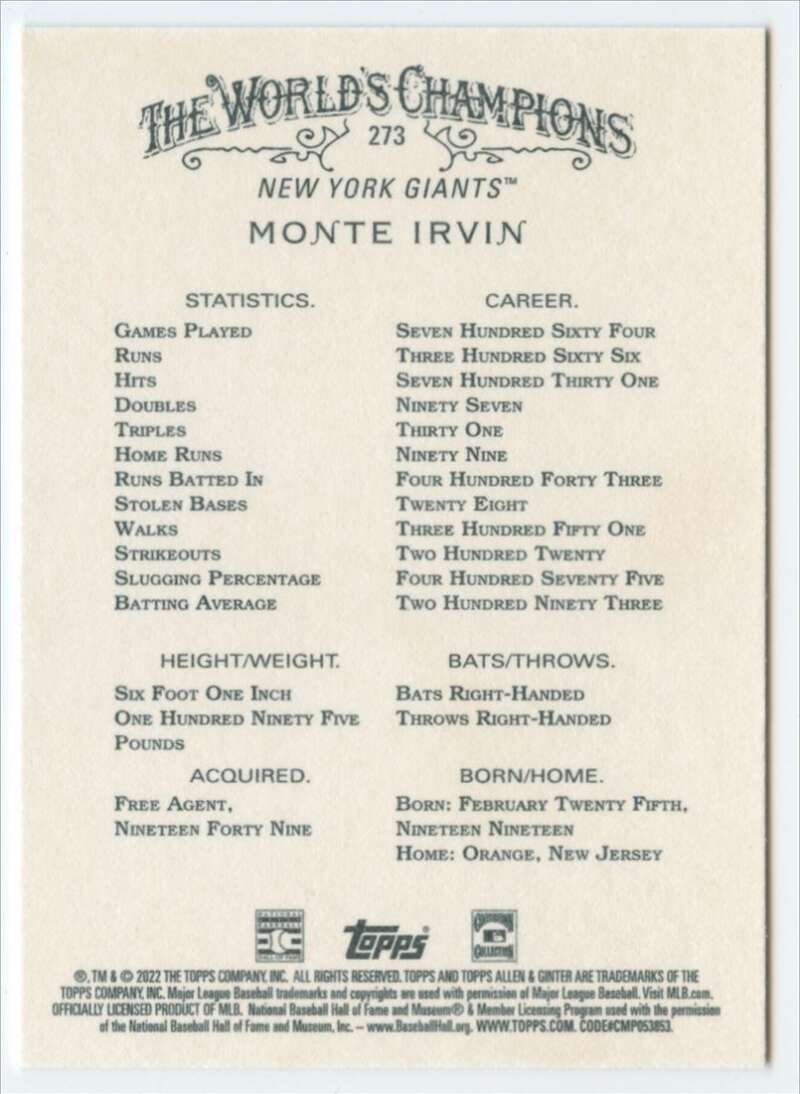 2022 Topps Allen and Ginter Baseaball #273 Monte Irvin  New York  V97159 Image 2