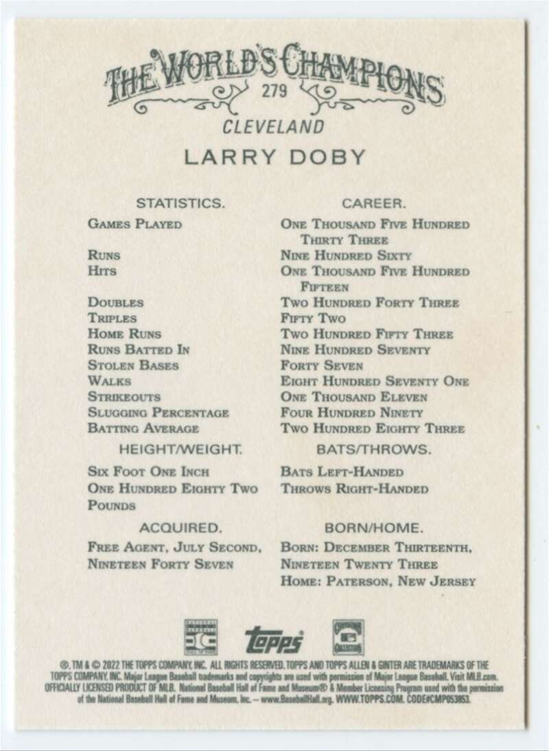 2022 Topps Allen and Ginter Baseaball #279 Larry Doby  Cleveland  V97161 Image 2