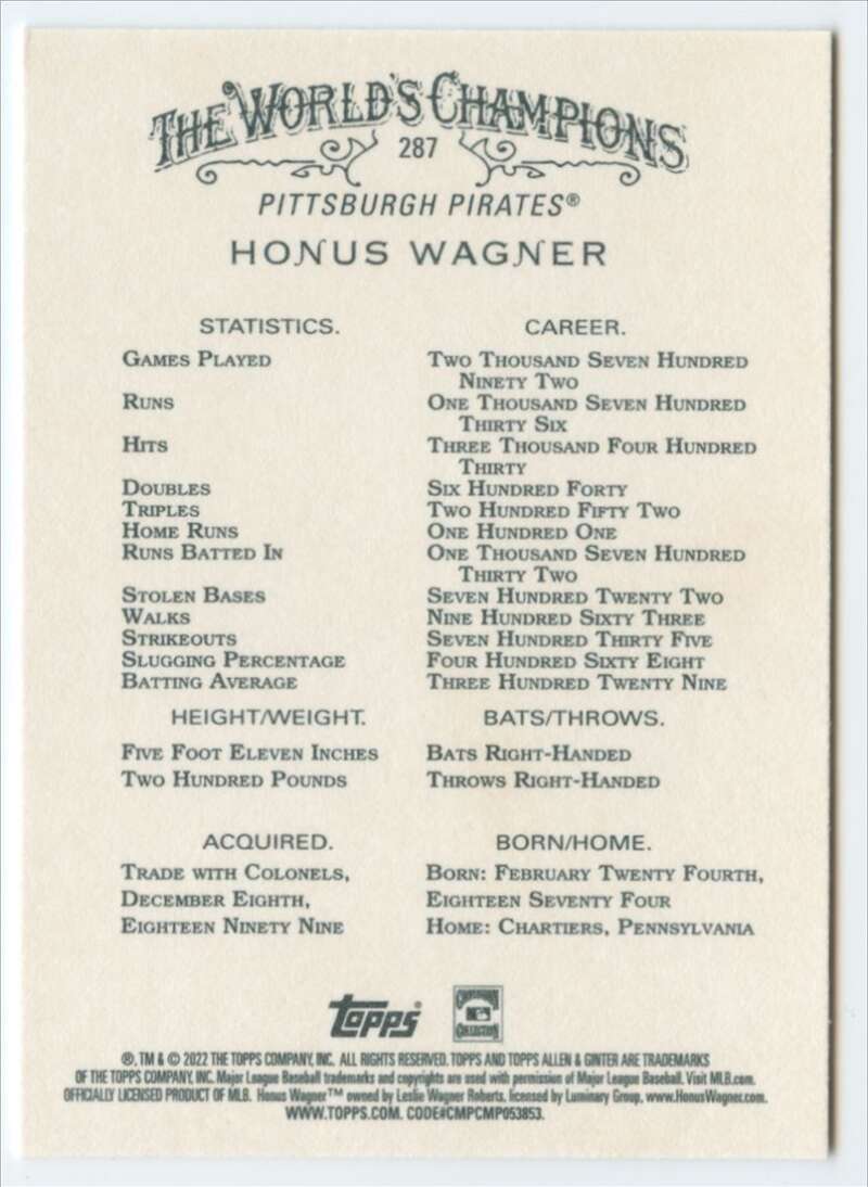 2022 Topps Allen and Ginter Baseaball #287 Honus Wagner  Pittsburgh  V97162 Image 2