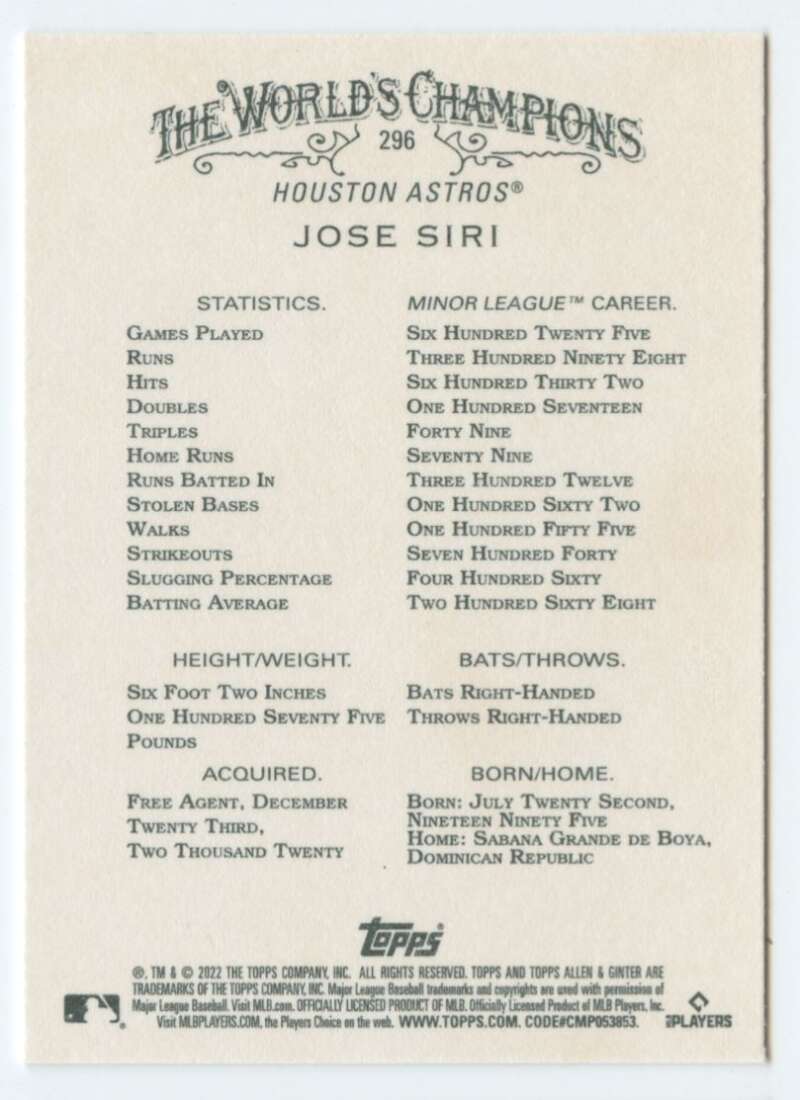 2022 Topps Allen and Ginter Baseaball #296 Jose Siri  RC Rookie Houston  V97164 Image 2