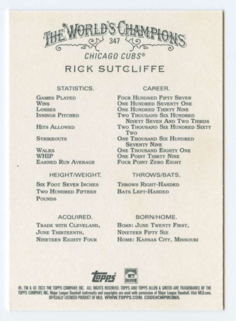 2022 Topps Allen and Ginter Baseaball #347 Rick Sutcliffe  Chicago  V97169 Image 2