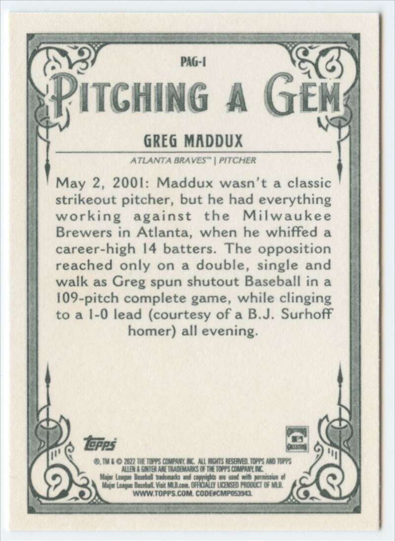 2022 Topps Allen and Ginter Baseaball Pitching a Gem #PAG-1 Greg Maddux   V97171 Image 2