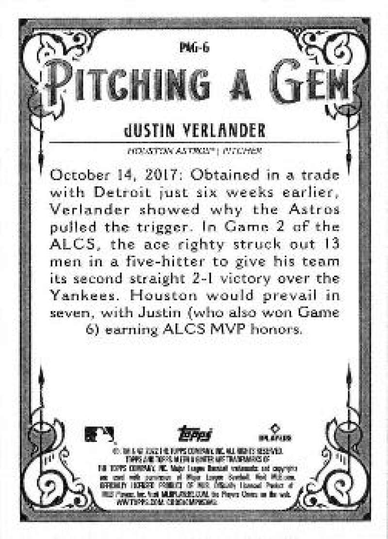 2022 Topps Allen and Ginter Baseaball Pitching Gem PAG-6 Justin Verlander  V97172 Image 2