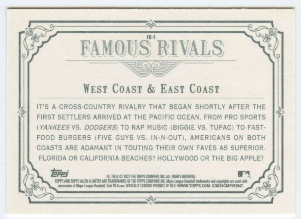 2022 Topps Allen and Ginter Baseaball Rivals #FR-3 East Coast/West Coast   V97181 Image 2
