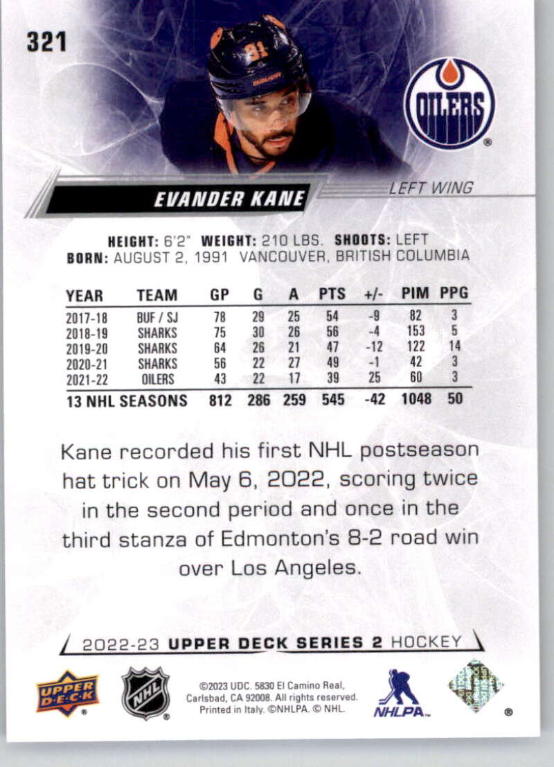 2022-23 Upper Deck Hockey #321 Evander Kane  Edmonton Oilers  Image 2