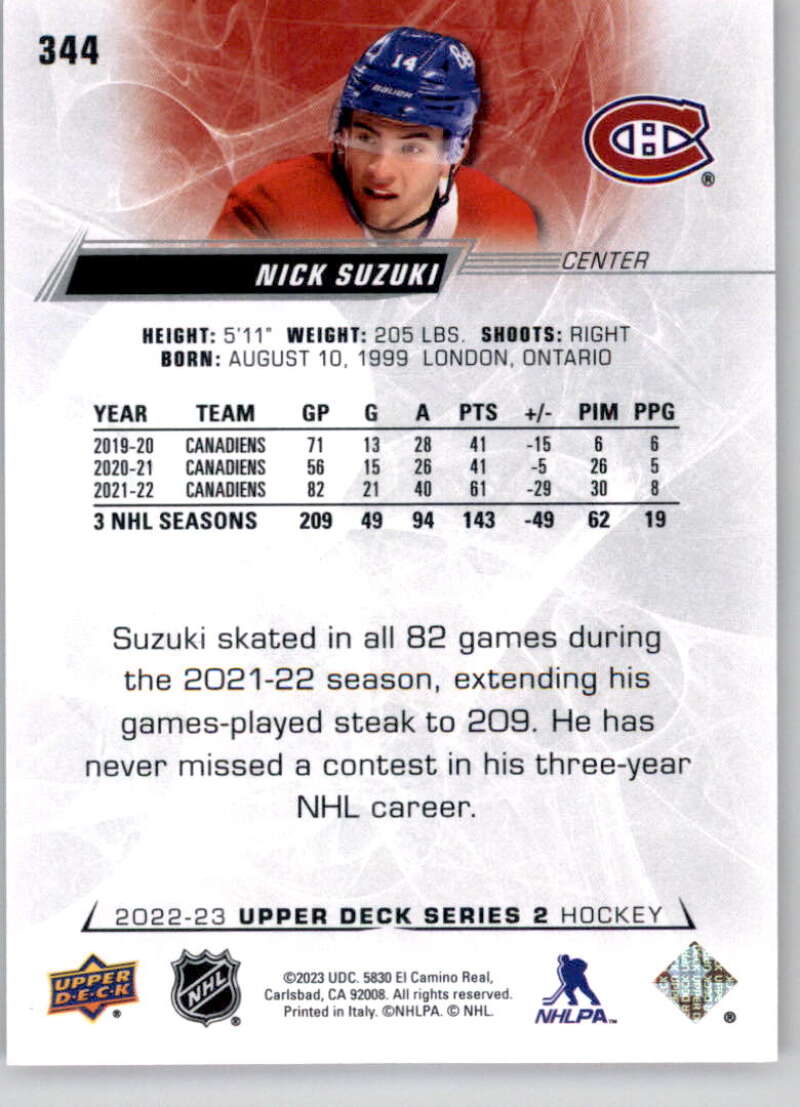 2022-23 Upper Deck Hockey #344 Nick Suzuki  Montreal Canadiens  Image 2