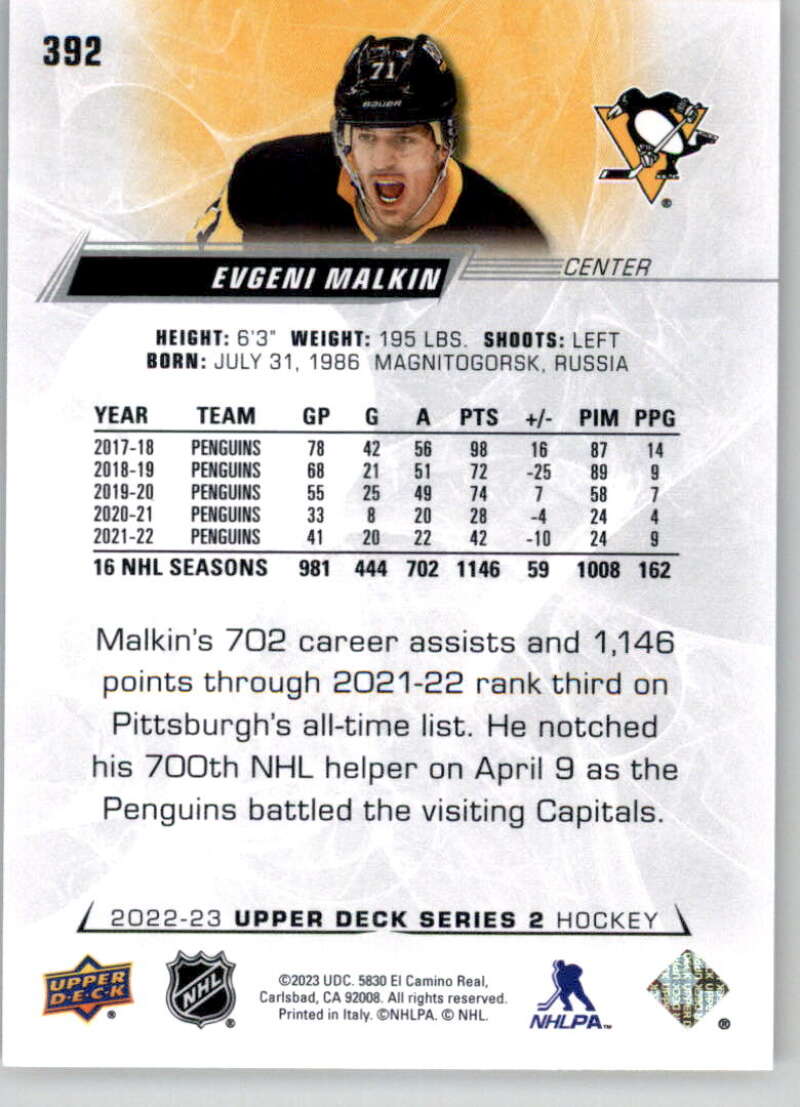 2022-23 Upper Deck Hockey #392 Evgeni Malkin  Pittsburgh Penguins  Image 2