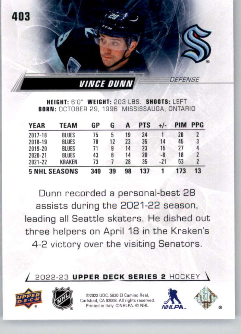 2022-23 Upper Deck Hockey #403 Vince Dunn  Seattle Kraken  Image 2