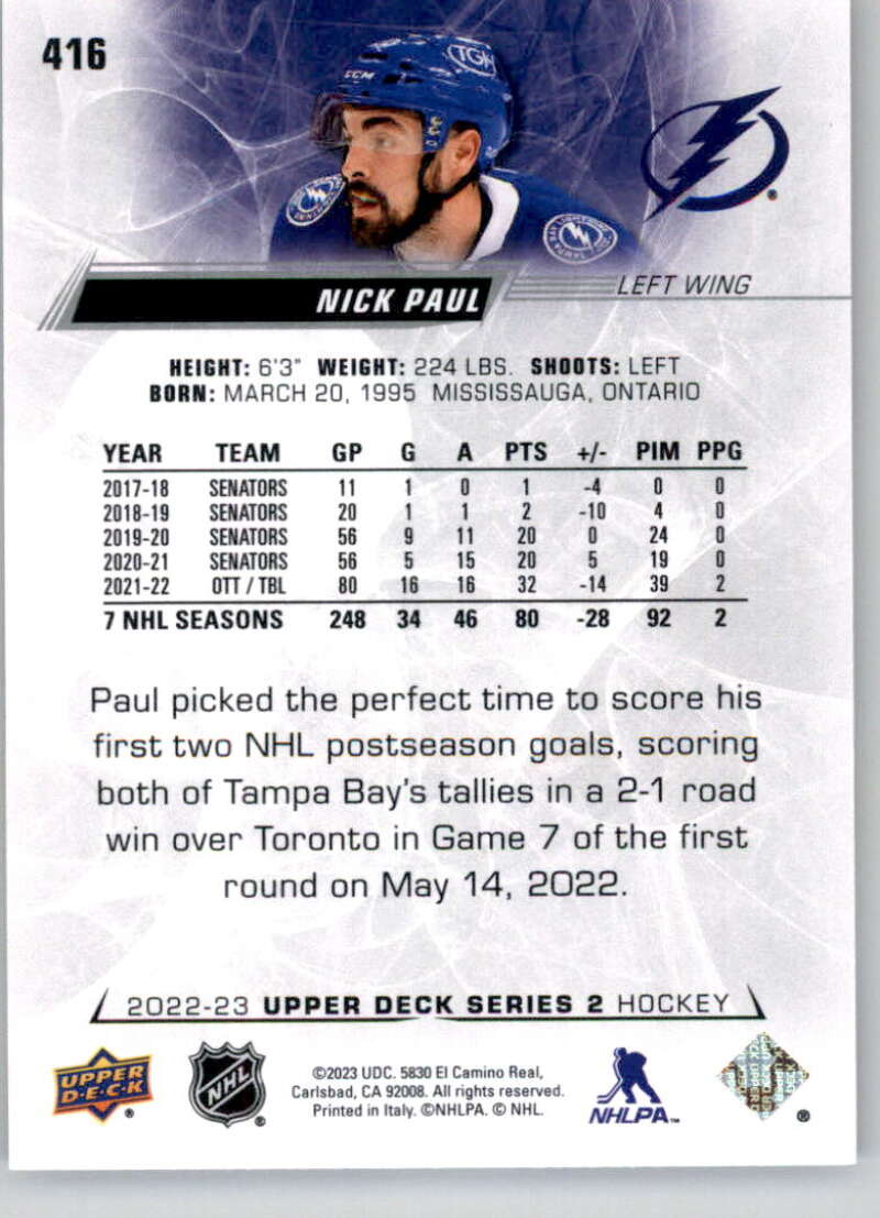 2022-23 Upper Deck Hockey #416 Nick Paul  Tampa Bay Lightning  Image 2