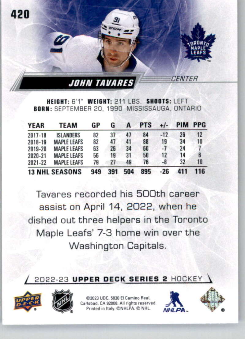 2022-23 Upper Deck Hockey #420 John Tavares  Toronto Maple Leafs  Image 2