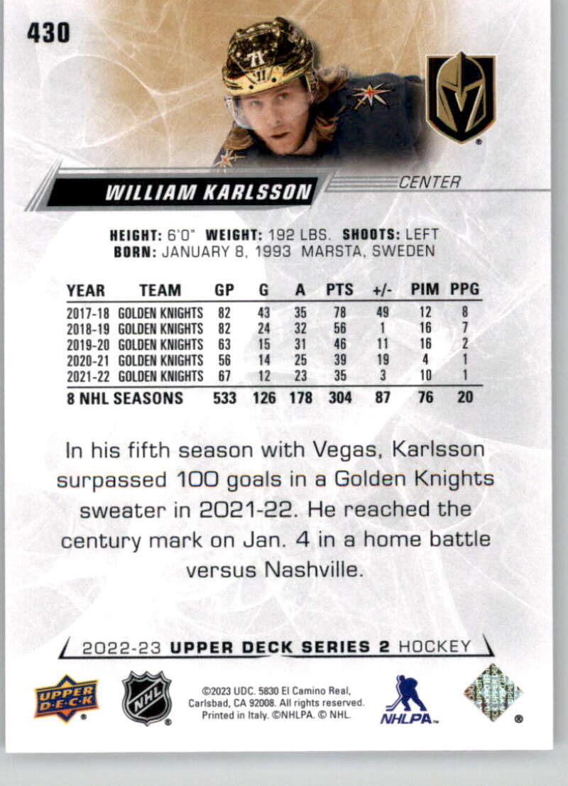 2022-23 Upper Deck Hockey #430 William Karlsson  Vegas Golden Knights  Image 2