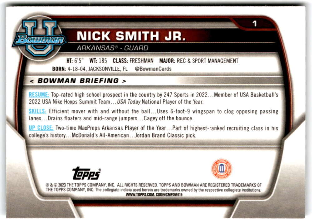 2022-23 Bowman University Chrome Basketball #1 Nick Smith Jr.  Bowman   V97300 Image 2