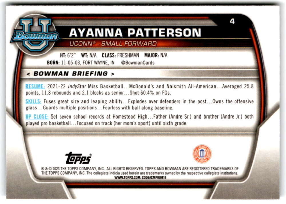 2022-23 Bowman University Chrome Basketball #4 Ayanna Patterson  Bowman   V97303 Image 2