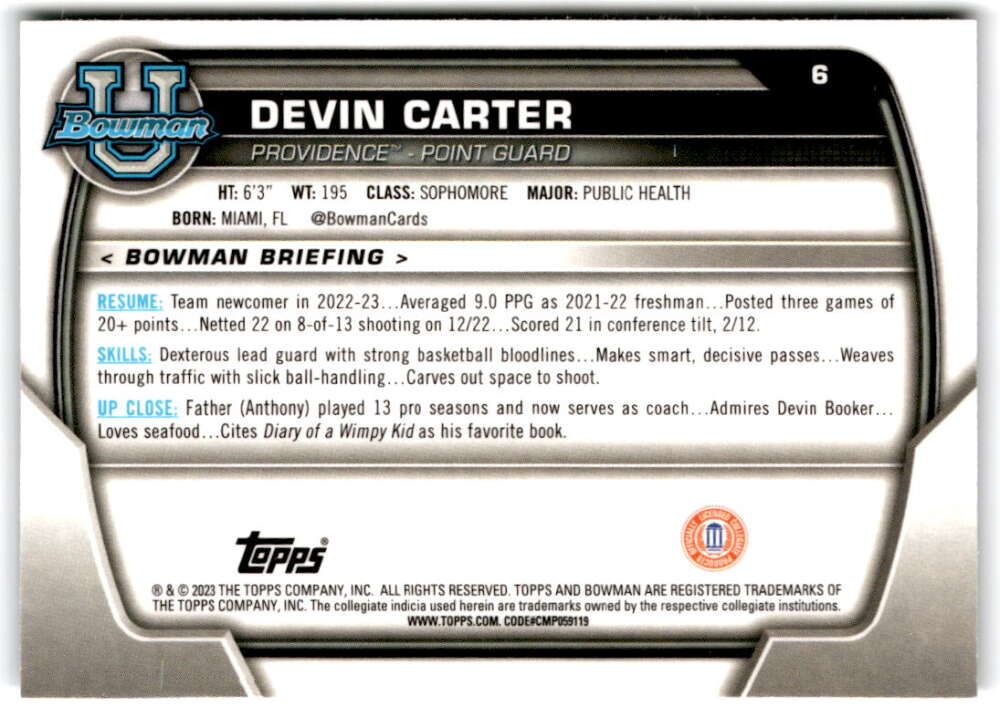 2022-23 Bowman University Chrome Basketball #6 Devin Carter  Bowman   V97304 Image 2