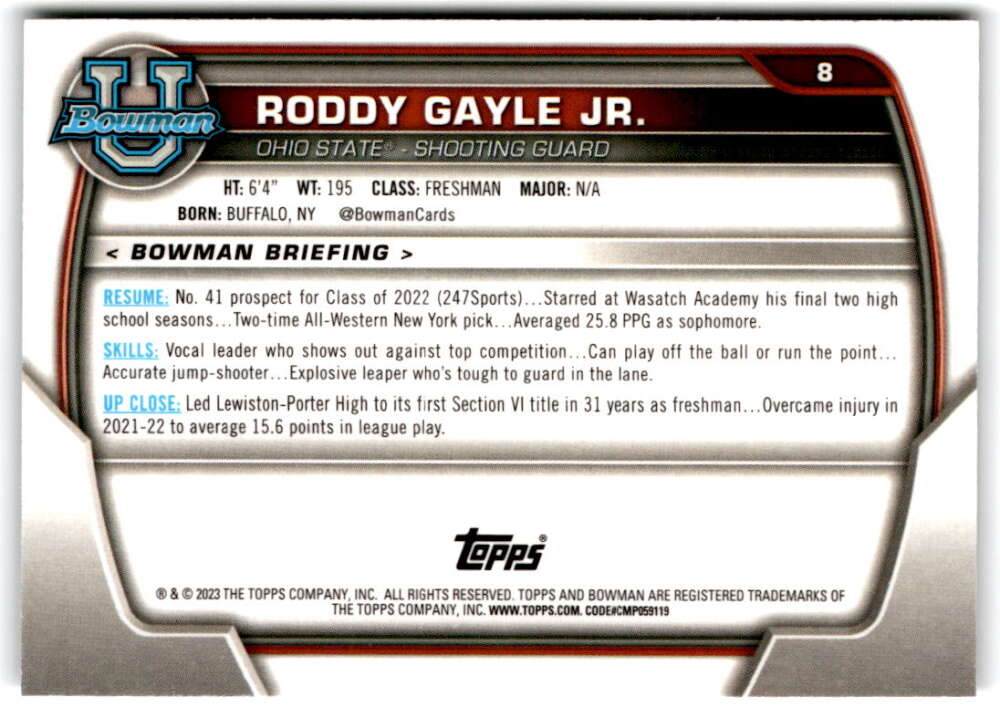 2022-23 Bowman University Chrome Basketball #8 Roddy Gayle Jr.  Bowman   V97309 Image 2