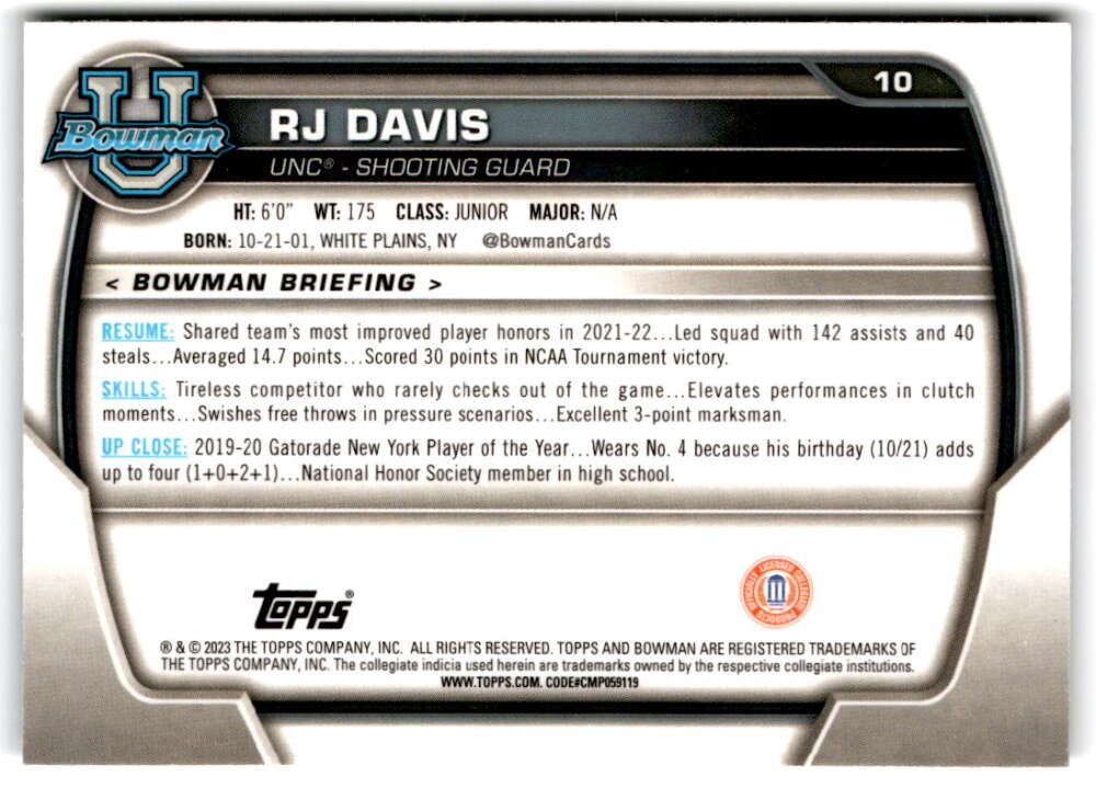 2022-23 Bowman University Chrome Basketball #10 RJ Davis  UNC  V97310 Image 2