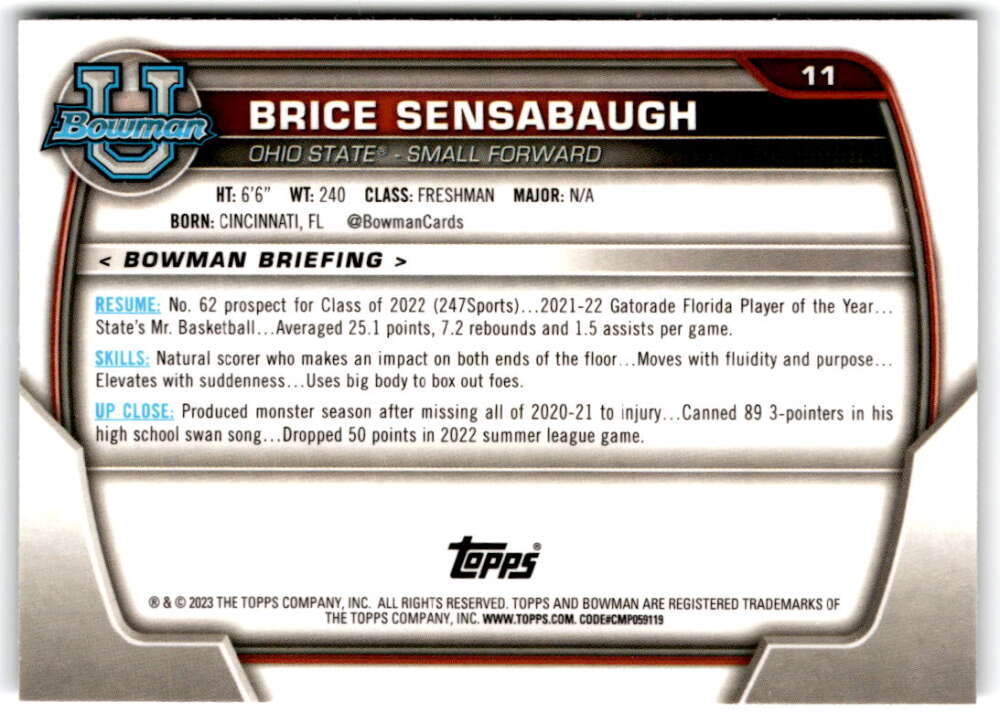 2022-23 Bowman University Chrome Basketball #11 Brice Sensabaugh   V97311 Image 2