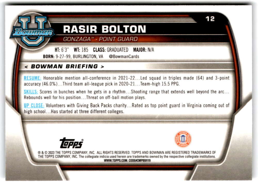 2022-23 Bowman University Chrome Basketball #12 Rasir Bolton  Bowman   V97314 Image 2