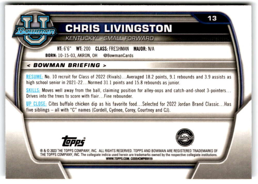 2022-23 Bowman University Chrome Basketball #13 Chris Livingston  Bowman   V97315 Image 2