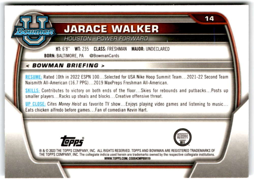 2022-23 Bowman University Chrome Basketball #14 Jarace Walker  Bowman   V97316 Image 2