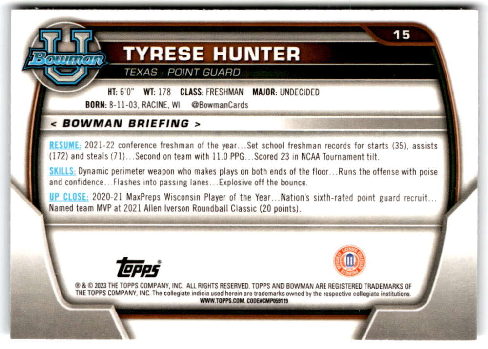 2022-23 Bowman University Chrome Basketball #15 Tyrese Hunter  Bowman   V97319 Image 2