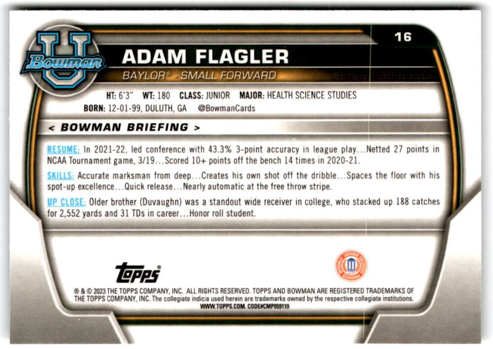 2022-23 Bowman University Chrome Basketball #16 Adam Flagler  Bowman   V97320 Image 2