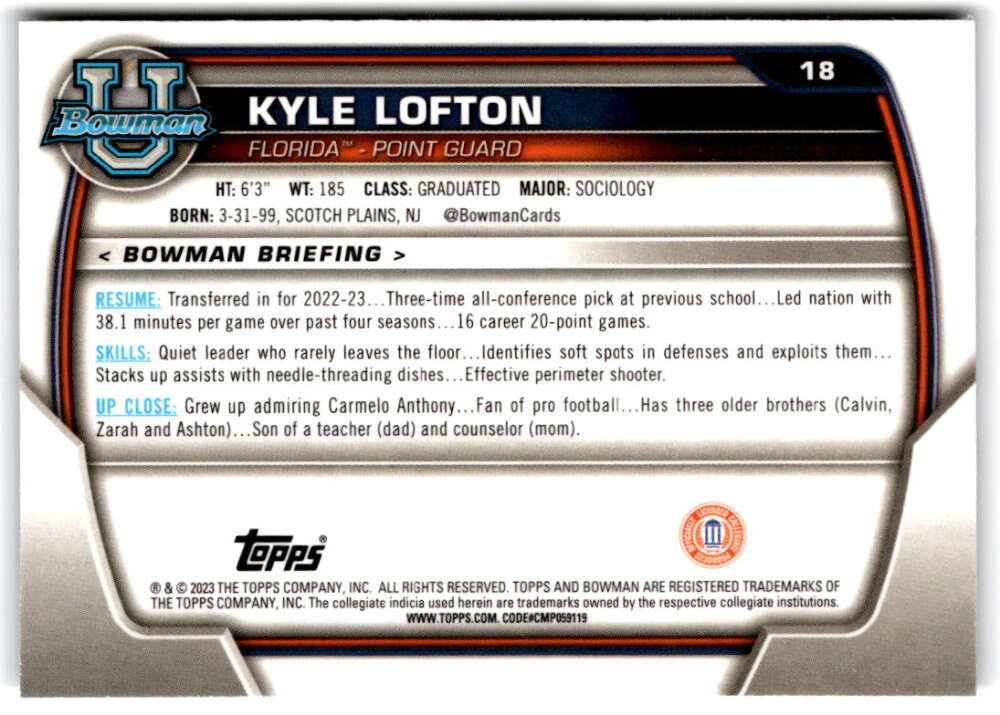 2022-23 Bowman University Chrome Basketball #18 Kyle Lofton  Bowman   V97323 Image 2