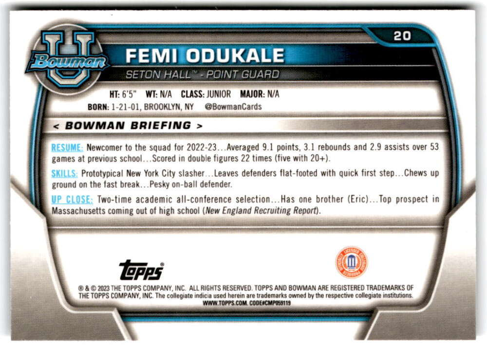 2022-23 Bowman University Chrome Basketball #20 Femi Odukale   V97324 Image 2