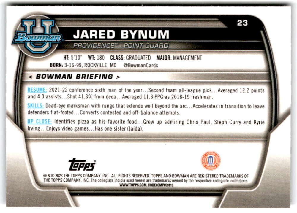 2022-23 Bowman University Chrome Basketball #23 Jared Bynum   V97327 Image 2