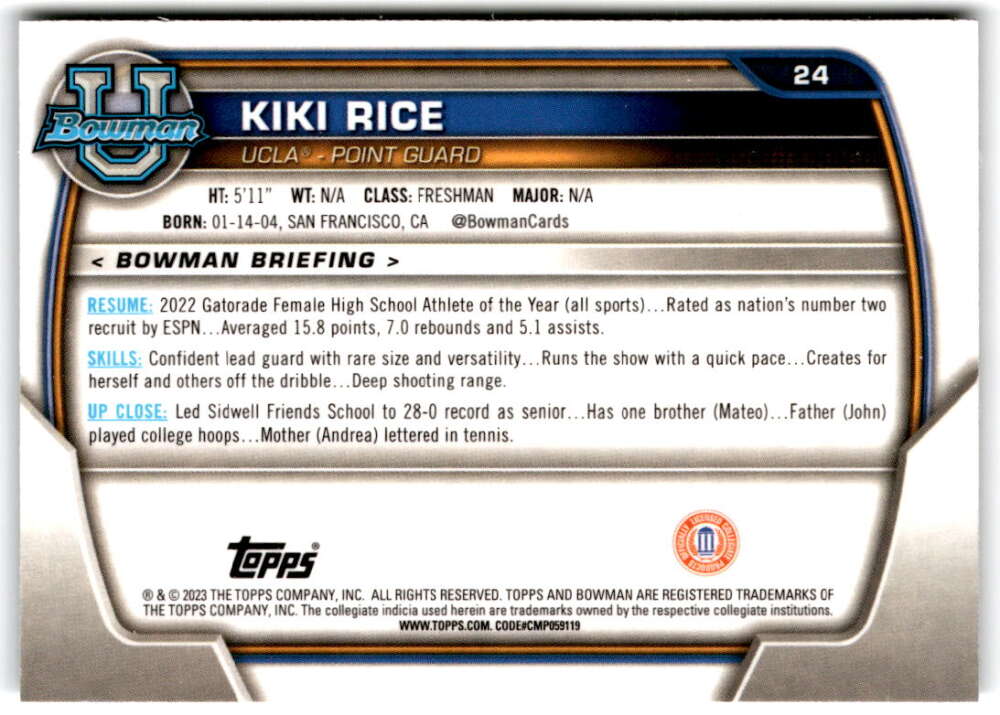 2022-23 Bowman University Chrome Basketball #24 Kiki Rice  Bowman  V97328 Image 2