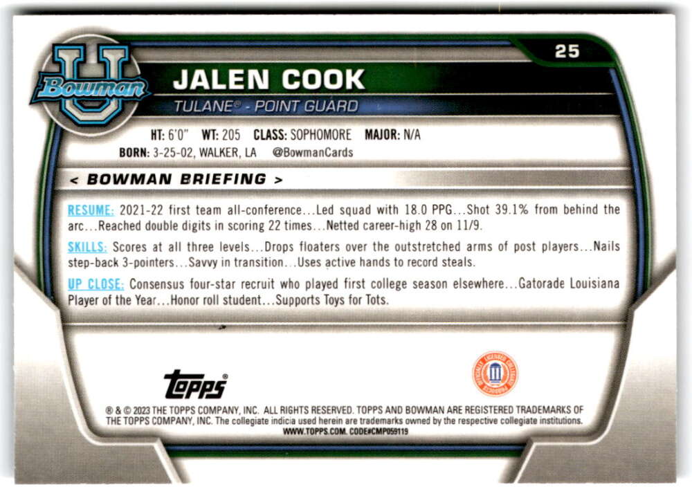 2022-23 Bowman University Chrome Basketball #25 Jalen Cook  Bowman   V97330 Image 2