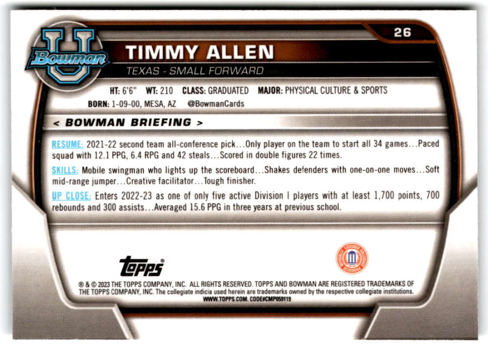 2022-23 Bowman University Chrome Basketball #26 Timmy Allen  Bowman   V97331 Image 2