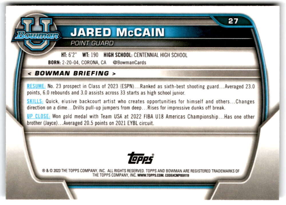 2022-23 Bowman University Chrome Basketball #27 Jared McCain High School  V97332 Image 2