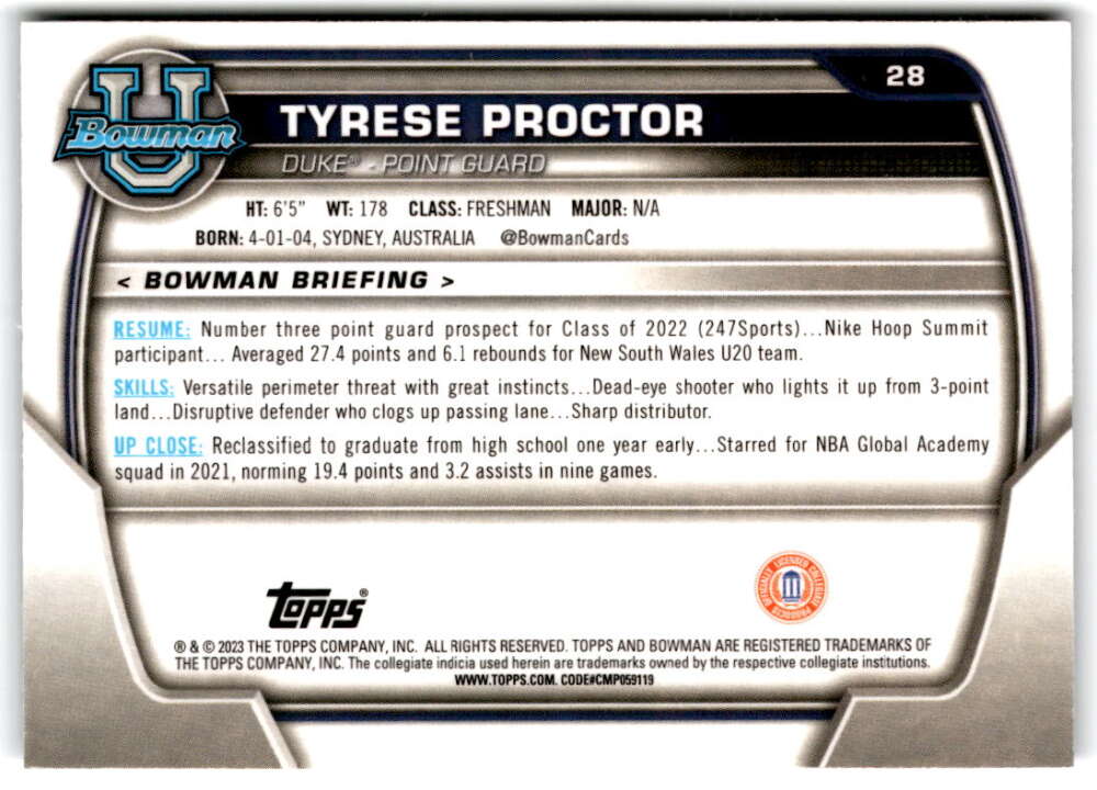2022-23 Bowman University Chrome Basketball #28 Tyrese Proctor  Bowman   V97333 Image 2