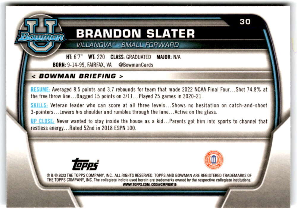 2022-23 Bowman University Chrome Basketball #30 Brandon Slater  Bowman  V97336 Image 2